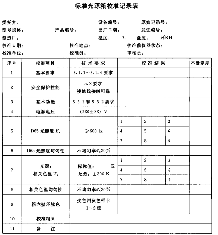 對色燈箱校準(zhǔn)報(bào)告記錄表